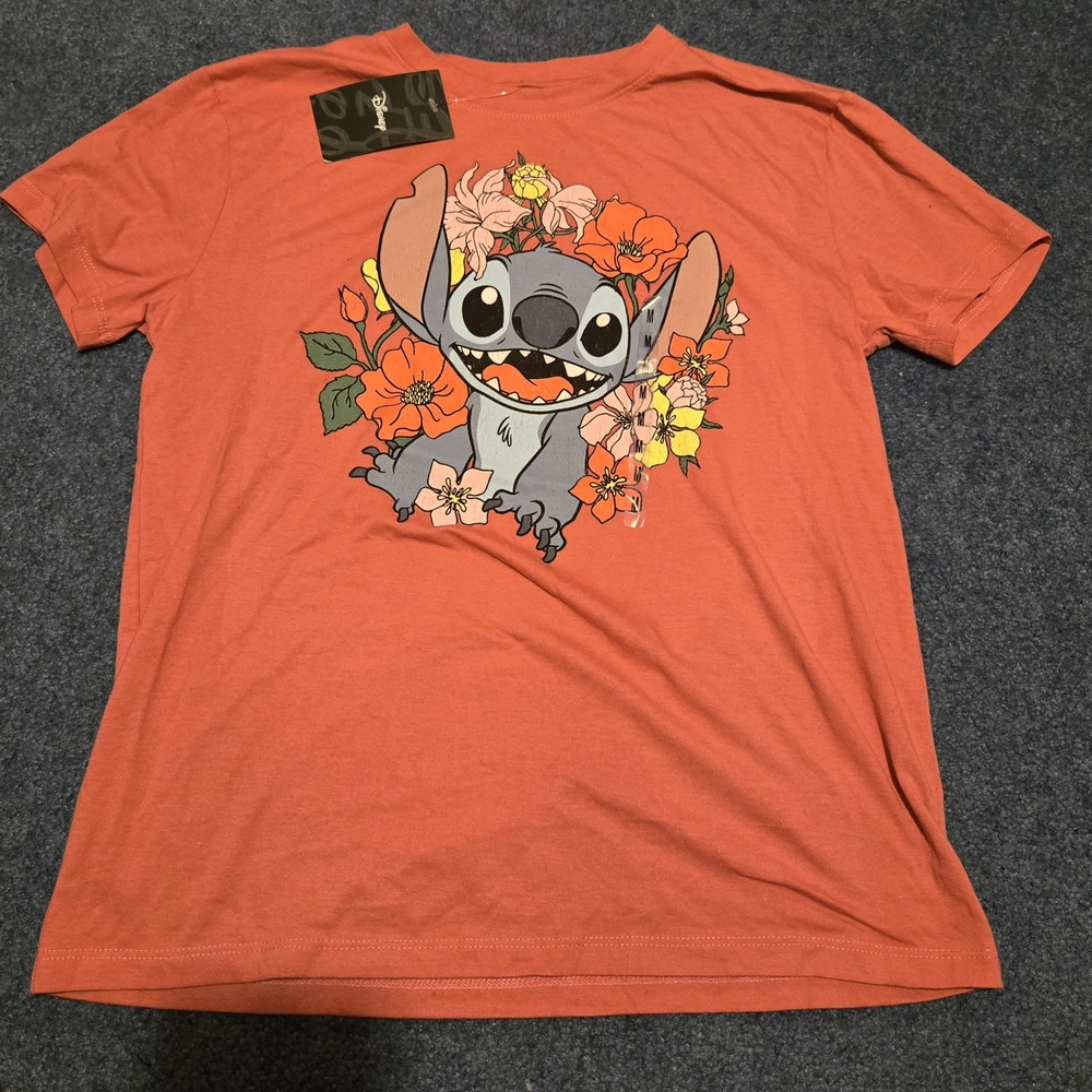 Disney Stitch Graphic Tee - Coral with Floral Accents